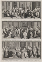 KG 11847
          <br/>
          Catholiques: On donne l'ANNEAU à l'EVEQUE. (...) L'ARCHVEQUE recevant le PALLIUM.
          <br/>
          <em>Picart, Bernard (1673-1733)</em>
